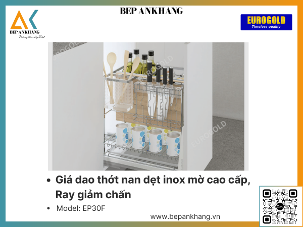 Giá dao thớt nan dẹt inox mờ cao cấp, Ray giảm chấn, khung Inox 304 Eurogold EP30F - 300mm